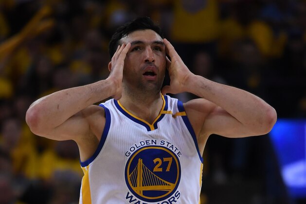 OAKLAND, CA - MAY 14:  Zaza Pachulia #27 of the Golden State Warriors reacts to a foul called against him during Game One of the NBA Western Conference Finals against the San Antonio Spurs at ORACLE Arena on May 14, 2017 in Oakland, California. NOTE TO USER: User expressly acknowledges and agrees that, by downloading and or using this photograph, User is consenting to the terms and conditions of the Getty Images License Agreement.  (Photo by Thearon W. Henderson/Getty Images)