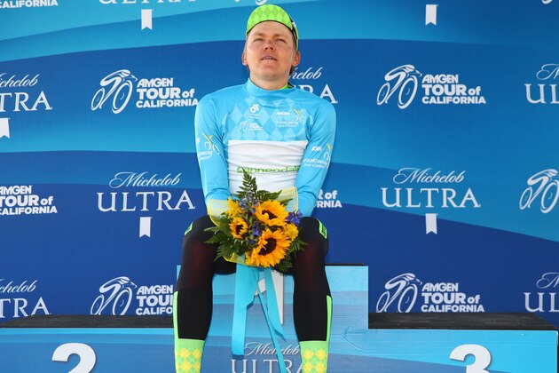 SOUTH LAKE TAHOE, CA - MAY 19:  Toms Skujins of Latvia riding for Cannondale Pro Cycling Team in the Most Courageous rider jersey poses for a photo following stage five of the Amgen Tour of California on May 19, 2016 in South Lake Tahoe, California.  (Photo by Chris Graythen/Getty Images)
