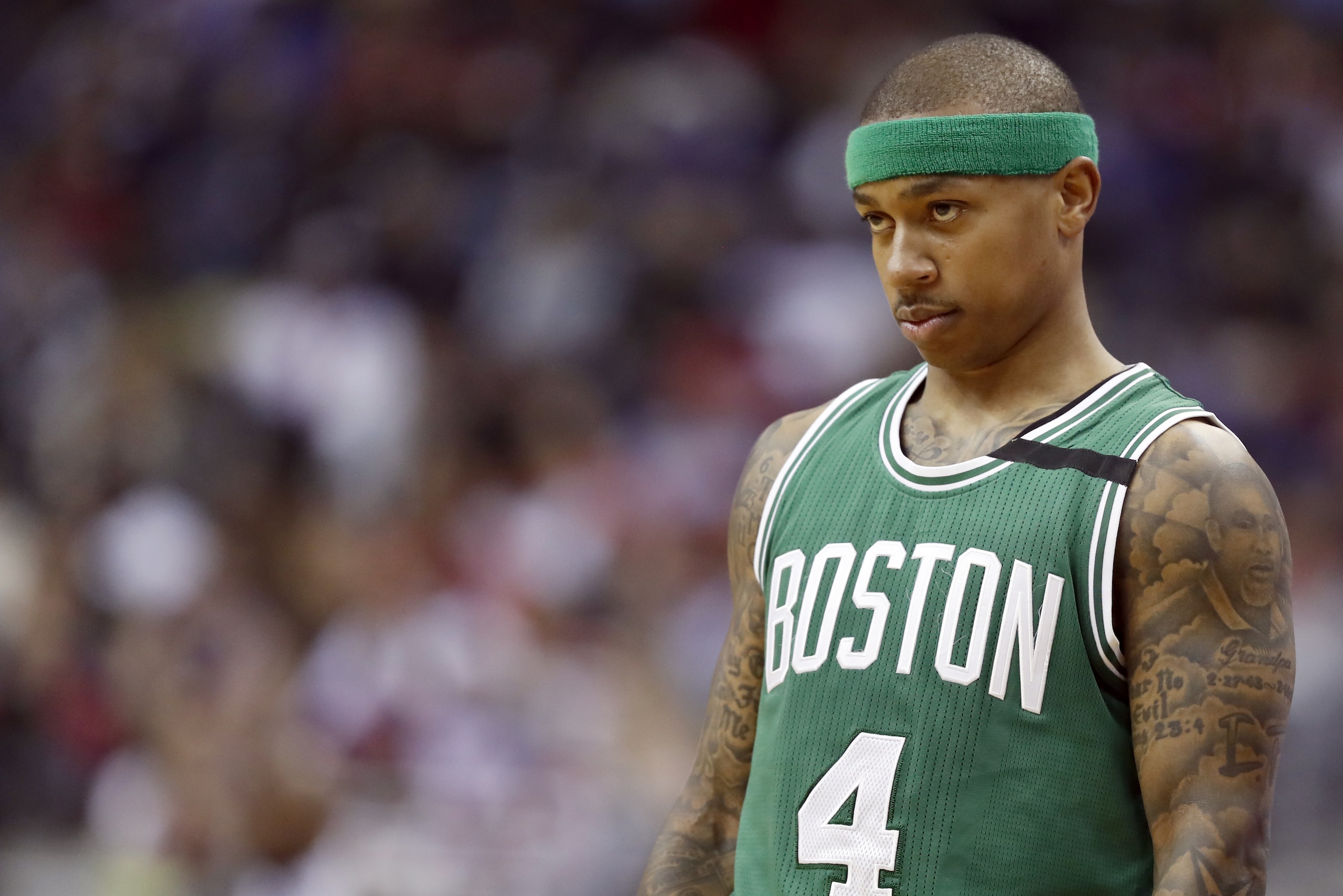 Boston Celtics guard Isaiah Thomas (4) stands on the court in the first half of game 6 of the Eastern Conference semifinal NBA basketball playoff series against the Washington Wizards, Friday, May 12, 2017, in Washington. (AP Photo/Alex Brandon)