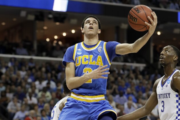 UCLA guard Lonzo Ball (2) shoots against Kentucky in the second half of an NCAA college basketball tournament South Regional semifinal game Friday, March 24, 2017, in Memphis, Tenn. (AP Photo/Mark Humphrey)