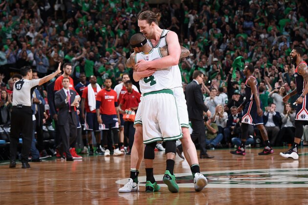 BOSTON, MA - MAY 15:  Kelly Olynyk #41 and Isaiah Thomas #4 of the Boston Celtics hug during the game against the Washington Wizards during Game Seven of the Eastern Conference Semifinals of the 2017 NBA Playoffs on May 15, 2017 at TD Garden in Boston, MA. NOTE TO USER: User expressly acknowledges and agrees that, by downloading and or using this Photograph, user is consenting to the terms and conditions of the Getty Images License Agreement. Mandatory Copyright Notice: Copyright 2017 NBAE (Photo by Brian Babineau/NBAE via Getty Images)