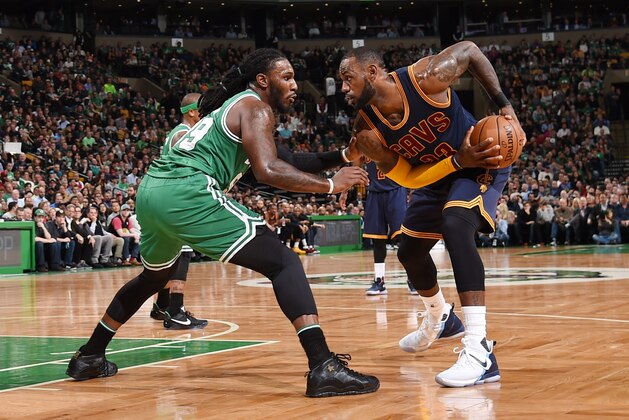 BOSTON, MA - APRIL 5: LeBron James #23 of the Cleveland Cavaliers handles the ball against the Boston Celtics during the game on April 5, 2017 at the TD Garden in Boston, Massachusetts.  NOTE TO USER: User expressly acknowledges and agrees that, by downloading and or using this photograph, User is consenting to the terms and conditions of the Getty Images License Agreement. Mandatory Copyright Notice: Copyright 2017 NBAE  (Photo by Brian Babineau/NBAE via Getty Images)