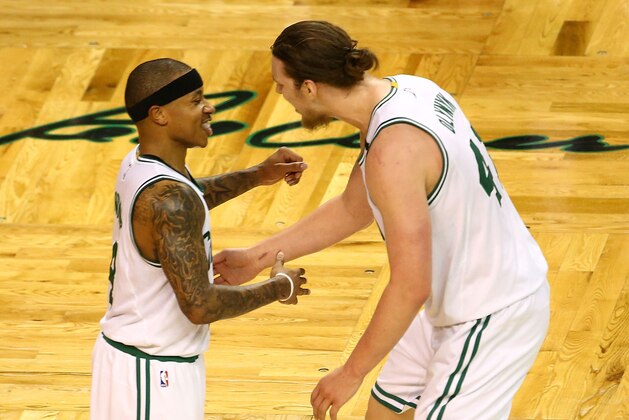 BOSTON, MA - MAY 15:  Isaiah Thomas #4 and Kelly Olynyk #41 of the Boston Celtics reacts against the Washington Wizards during Game Seven of the NBA Eastern Conference Semi-Finals at TD Garden on May 15, 2017 in Boston, Massachusetts.  NOTE TO USER: User expressly acknowledges and agrees that, by downloading and or using this photograph, User is consenting to the terms and conditions of the Getty Images License Agreement.  (Photo by Adam Glanzman/Getty Images)