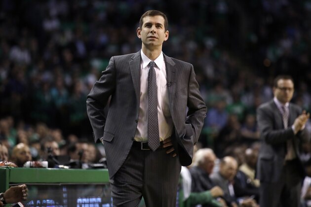 Boston Celtics head coach Brad Stevens during the first quarter of a second-round NBA playoff series basketball game in Boston, Wednesday, May 10, 2017. (AP Photo/Charles Krupa)
