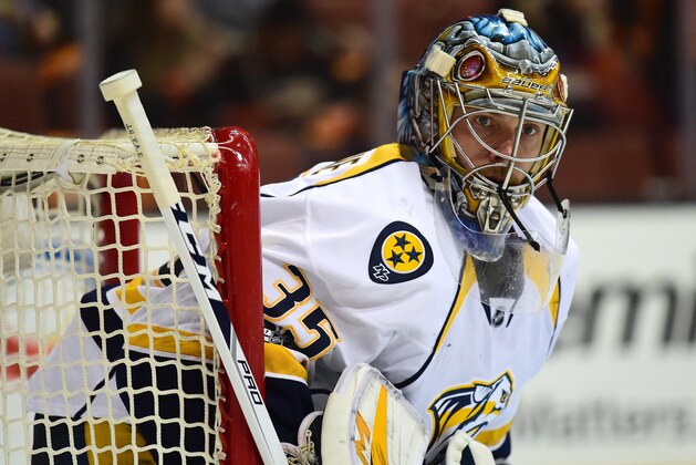 ANAHEIM, CA - MAY 12: Goaltender Pekka Rinne #35 of the Nashville Predators checks his position as he warms up in the third period of Game One of the Western Conference Final during the 2017 Stanley Cup Playoffs at Honda Center on May 12, 2017 in Anaheim, California.  (Photo by Harry How/Getty Images)
