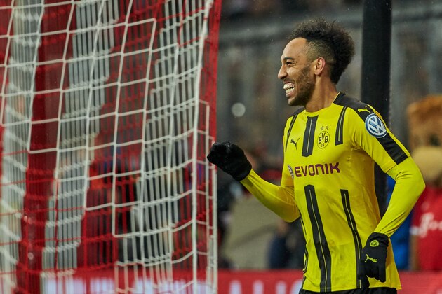 MUNICH, GERMANY - APRIL 26: Pierre-Emerick Aubameyang of Dortmund celebrates after scoring his team`s second goal during the German Cup (DFB Cup) semi final soccer match between FC Bayern Munich and Borussia Dortmund at the Allianz Arena on April 26, 2017, in Munich, Germany. (Photo by TF-Images/Getty Images)