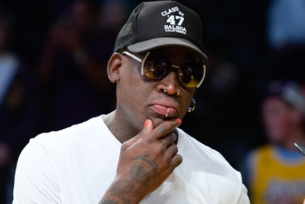 LOS ANGELES, CA - NOVEMBER 25:  Dennis Rodman attends a basketball game between the Golden State Warriors and the Los Angeles Lakers at Staples Center on November 25, 2016 in Los Angeles, California.  (Photo by Noel Vasquez/Getty Images,)