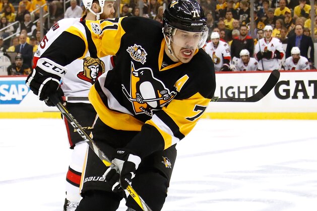 PITTSBURGH, PA - MAY 15:  Evgeni Malkin #71 of the Pittsburgh Penguins skates with the puck against the Ottawa Senators during the first period in Game Two of the Eastern Conference Final during the 2017 NHL Stanley Cup Playoffs at PPG PAINTS Arena on May 15, 2017 in Pittsburgh, Pennsylvania.  (Photo by Gregory Shamus/Getty Images)