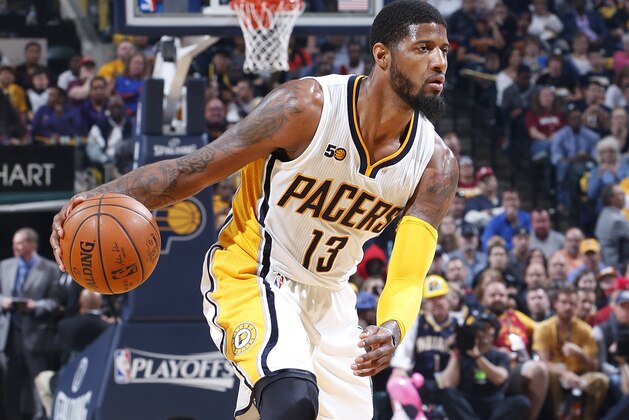 INDIANAPOLIS, IN - APRIL 23: Paul George #13 of the Indiana Pacers handles the ball against the Cleveland Cavaliers in Game Four of the Eastern Conference Quarterfinals during the 2017 NBA Playoffs at Bankers Life Fieldhouse on April 23, 2017 in Indianapolis, Indiana. The Cavaliers defeated the Pacers 106-102 to sweep the series 4-0. NOTE TO USER: User expressly acknowledges and agrees that, by downloading and or using the photograph, User is consenting to the terms and conditions of the Getty Images License Agreement. (Photo by Joe Robbins/Getty Images)