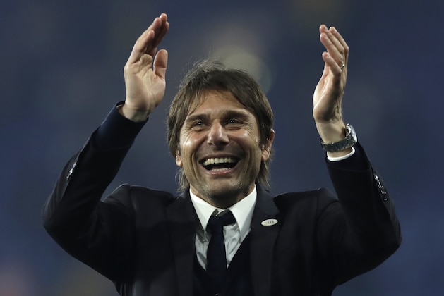 Chelsea's manager Antonio Conte celebrates after the English Premier League soccer match between Chelsea and Watford at Stamford Bridge stadium in London, Monday, May 15, 2017. Chelsea won the match 4-3. (AP Photo/Matt Dunham)