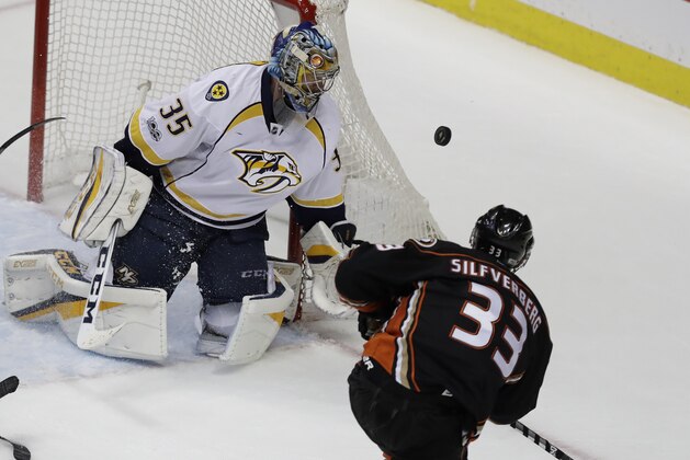 Anaheim Ducks left wing Jakob Silfverberg misses a shot against Nashville Predators goalie Pekka Rinne during the third period of Game 1 in the NHL hockey Stanley Cup Western Conference finals, Friday, May 12, 2017, in Anaheim, Calif. (AP Photo/Chris Carlson)