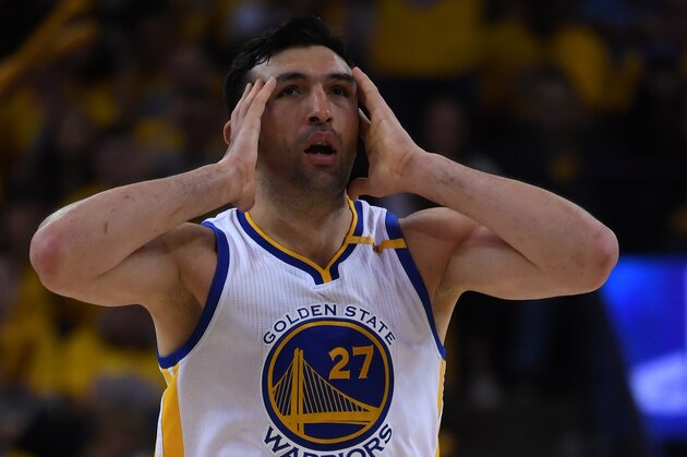 OAKLAND, CA - MAY 14:  Zaza Pachulia #27 of the Golden State Warriors reacts to a foul called against him during Game One of the NBA Western Conference Finals against the San Antonio Spurs at ORACLE Arena on May 14, 2017 in Oakland, California. NOTE TO USER: User expressly acknowledges and agrees that, by downloading and or using this photograph, User is consenting to the terms and conditions of the Getty Images License Agreement.  (Photo by Thearon W. Henderson/Getty Images)