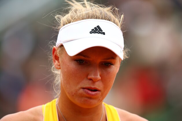 PARIS, FRANCE - MAY 28:  Caroline Wozniacki of Denmark reacts during her Women's Singles match against Julia Goerges of Germany on day five of the 2015 French Open at Roland Garros on May 28, 2015 in Paris, France.  (Photo by Clive Mason/Getty Images)