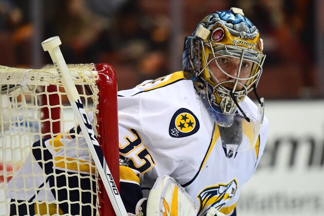 ANAHEIM, CA - MAY 12: Goaltender Pekka Rinne #35 of the Nashville Predators checks his position as he warms up in the third period of Game One of the Western Conference Final during the 2017 Stanley Cup Playoffs at Honda Center on May 12, 2017 in Anaheim, California.  (Photo by Harry How/Getty Images)