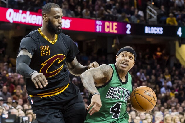 CLEVELAND, OH - DECEMBER 29: LeBron James #23 of the Cleveland Cavaliers puts pressure on Isaiah Thomas #4 of the Boston Celtics during the second half at Quicken Loans Arena on December 29, 2016 in Cleveland, Ohio. The Cavaliers defeated the Celtics 124-118. NOTE TO USER: User expressly acknowledges and agrees that, by downloading and/or using this photograph, user is consenting to the terms and conditions of the Getty Images License Agreement. Mandatory copyright notice. (Photo by Jason Miller/Getty Images)