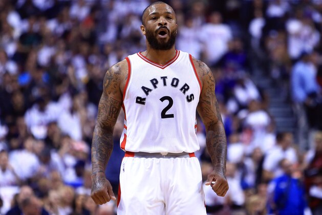 TORONTO, ON - MAY 07:  P.J. Tucker #2 of the Toronto Raptors reacts after scoring during the first half of Game Four of the Eastern Conference Semifinals against the Cleveland Cavaliers during the 2017 NBA Playoffs at Air Canada Centre on May 7, 2017 in Toronto, Canada.  NOTE TO USER: User expressly acknowledges and agrees that, by downloading and or using this photograph, User is consenting to the terms and conditions of the Getty Images License Agreement.  (Photo by Vaughn Ridley/Getty Images)