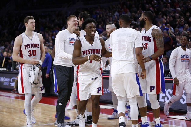 DETROIT, MI - JANUARY 21: The Detroit Pistons huddle up during the game against the Washington Wizards on January 21, 2017 at The Palace of Auburn Hills in Auburn Hills, Michigan. NOTE TO USER: User expressly acknowledges and agrees that, by downloading and/or using this photograph, User is consenting to the terms and conditions of the Getty Images License Agreement. Mandatory Copyright Notice: Copyright 2017 NBAE (Photo by Brian Sevald/NBAE via Getty Images)
