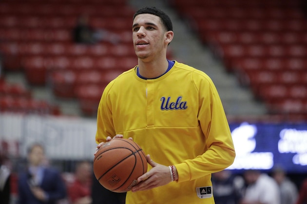 UCLA guard Lonzo Ball warms up before an NCAA college basketball game in Pullman, Wash., Wednesday, Feb. 1, 2017. (AP Photo/Young Kwak)