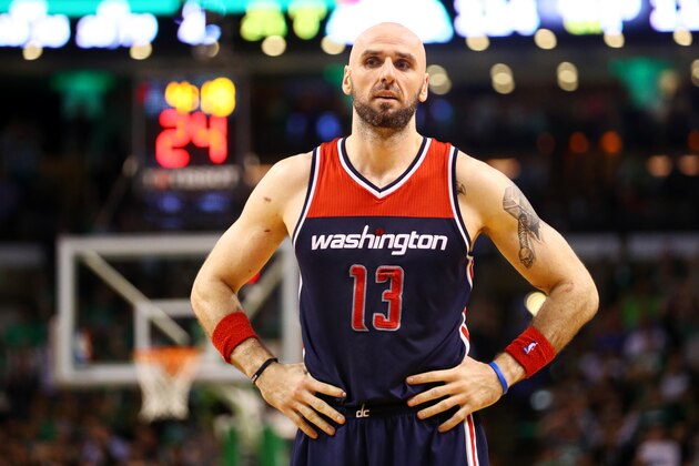 BOSTON, MA - MAY 2: Marcin Gortat #13 of the Washington Wizards reacts after receiving his 6th personal foul during overtime of the Boston Celtics 129-119 win over the Wizards in Game Two of the Eastern Conference Semifinals at TD Garden on May 2, 2017 in Boston, Massachusetts. NOTE TO USER: User expressly acknowledges and agrees that, by downloading and or using this Photograph, user is consenting to the terms and conditions of the Getty Images License Agreement. (Photo by Maddie Meyer/Getty Images)