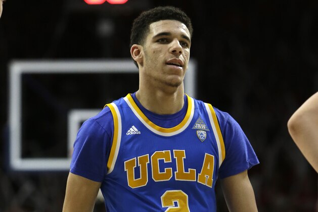UCLA guard Lonzo Ball (2) during the first half of an NCAA college basketball game against Arizona, Saturday, Feb. 25, 2017, in Tucson, Ariz. (AP Photo/Rick Scuteri)