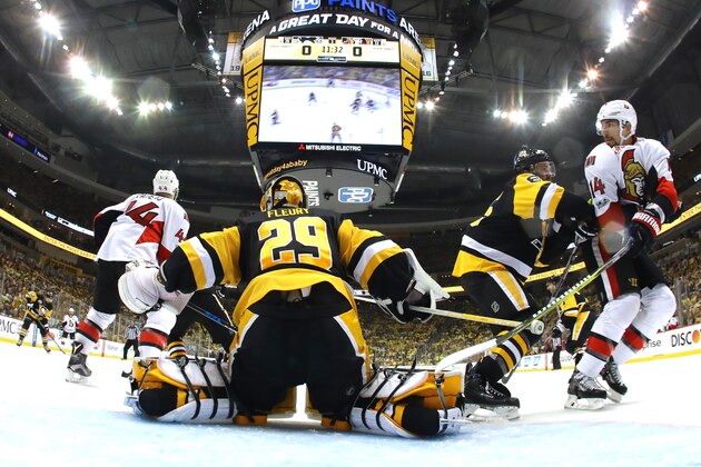 PITTSBURGH, PA - MAY 15:  Marc-Andre Fleury #29 of the Pittsburgh Penguins tends goal against the Ottawa Senators during the second period in Game Two of the Eastern Conference Final during the 2017 NHL Stanley Cup Playoffs at PPG PAINTS Arena on May 15, 2017 in Pittsburgh, Pennsylvania.  (Photo by Bruce Bennett/Getty Images)