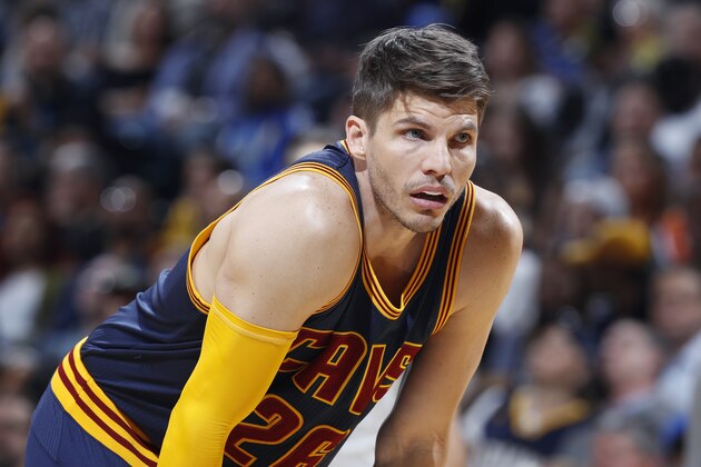 INDIANAPOLIS, IN - APRIL 23: Kyle Korver #26 of the Cleveland Cavaliers looks on against the Indiana Pacers in Game Four of the Eastern Conference Quarterfinals during the 2017 NBA Playoffs at Bankers Life Fieldhouse on April 23, 2017 in Indianapolis, Indiana. The Cavaliers defeated the Pacers 106-102 to sweep the series 4-0. NOTE TO USER: User expressly acknowledges and agrees that, by downloading and or using the photograph, User is consenting to the terms and conditions of the Getty Images License Agreement. (Photo by Joe Robbins/Getty Images)