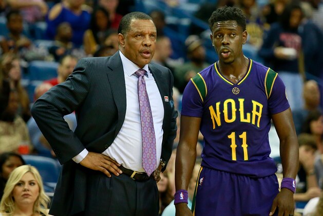 NEW ORLEANS, LA - FEBRUARY 08:  Head coach Alvin Gentry of the New Orleans Pelicans talks with Jrue Holiday #11 of the New Orleans Pelicans on the sideline during a game against the  Utah Jazz at the Smoothie King Center on February 8, 2017 in New Orleans, Louisiana. NOTE TO USER: User expressly acknowledges and agrees that, by downloading and or using this photograph, User is consenting to the terms and conditions of the Getty Images License Agreement.  (Photo by Sean Gardner/Getty Images)