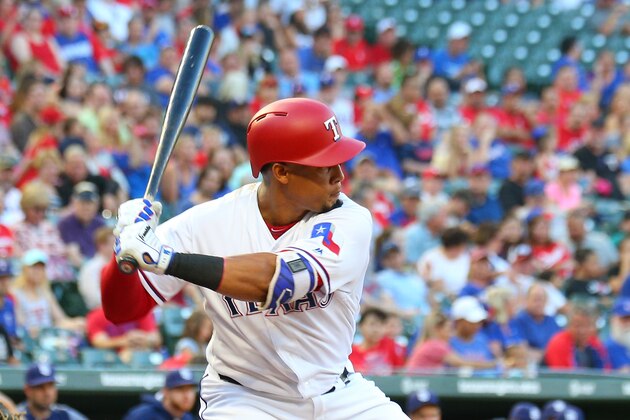 ARLINGTON, TX - MAY 11: Carlos Gomez #14 of the Texas Rangers hits in the second inning against the San Diego Padres at Globe Life Park in Arlington on May 11, 2017 in Arlington, Texas. (Photo by Rick Yeatts/Getty Images)