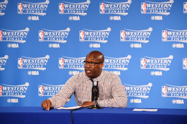 OAKLAND, CA - MAY 14: Assistant coach Mike Brown of the Golden State Warriors talks with the press after the game against the San Antonio Spurs during Game One of the Western Conference Finals of the 2017 NBA Playoffs on May 14, 2017 at ORACLE Arena in Oakland, California. NOTE TO USER: User expressly acknowledges and agrees that, by downloading and or using this photograph, user is consenting to the terms and conditions of Getty Images License Agreement. Mandatory Copyright Notice: Copyright 2017 NBAE (Photo by Noah Graham/NBAE via Getty Images)