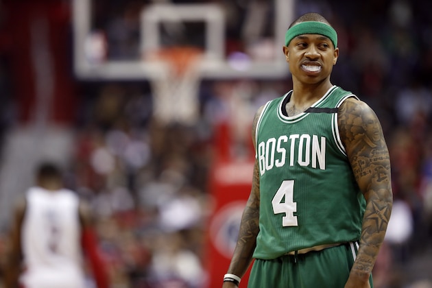 Boston Celtics guard Isaiah Thomas (4) walks on the court in the first half of game 6 of the Eastern Conference semifinal NBA basketball playoff series against the Washington Wizards, Friday, May 12, 2017, in Washington. (AP Photo/Alex Brandon)
