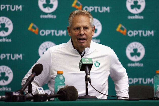 WALTHAM, MA - SEPTEMBER 26:  General manager Danny Ainge of the Boston Celtics speaks with the media during Boston Celtics Media Day on September 26, 2016 in Waltham, Massachusetts.  (Photo by Tim Bradbury/Getty Images)