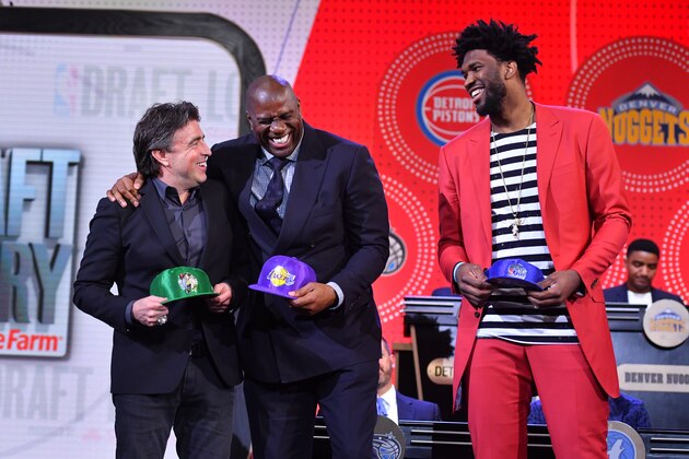 NEW YORK, NY - MAY 16:  Wyc Grousbeck of the Boston Celtics, Magic Johnson of the Los Angeles Lakers and Joel Embiid #21 of the Philadelhpia 76ers stand on stage during the 2017 NBA Draft Lottery at the New York Hilton in New York, New York. NOTE TO USER: User expressly acknowledges and agrees that, by downloading and or using this Photograph, user is consenting to the terms and conditions of the Getty Images License Agreement.  Mandatory Copyright Notice: Copyright 2017 NBAE (Photo by Jesse D. Garrabrant/NBAE via Getty Images)
