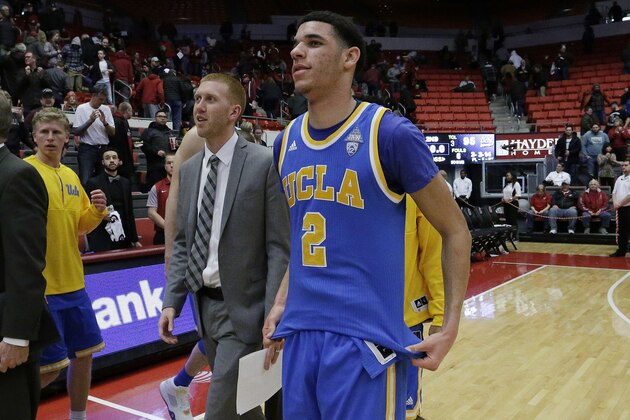 UCLA guard Lonzo Ball (2) walks on the court after an NCAA college basketball game against Washington State in Pullman, Wash., Wednesday, Feb. 1, 2017. (AP Photo/Young Kwak)
