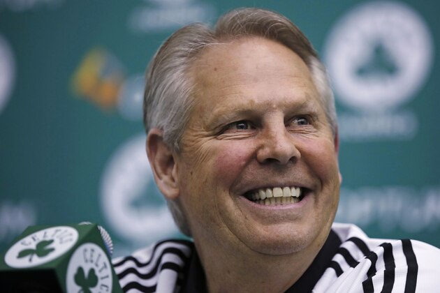 Danny Ainge, Boston Celtics president of basketball operations, smiles as he addresses reporters at the team's training facility in Waltham, Mass., Tuesday, May 16, 2017. The Celtics won the NBA draft lottery, capitalizing on a trade they made with the Brooklyn Nets four years ago. (AP Photo/Charles Krupa)
