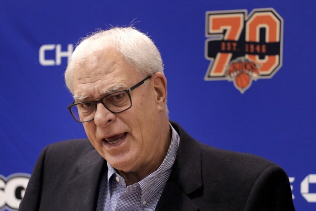 New York Knicks president Phil Jackson answers questions during a news conference at the team's training facility, Friday, April 14, 2017, in Greenburgh, N.Y. (AP Photo/Julie Jacobson)