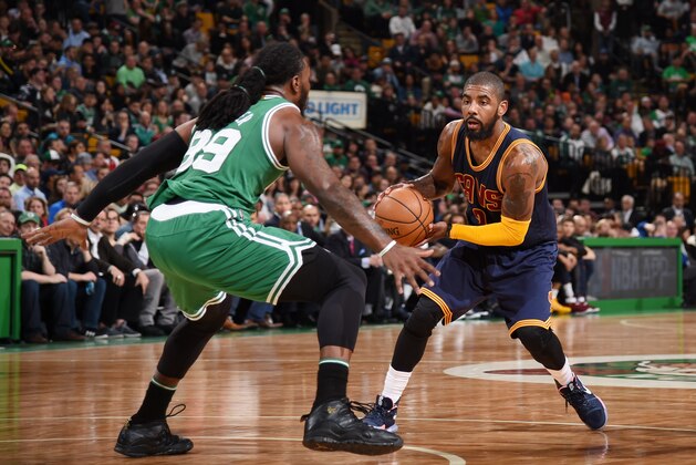 BOSTON, MA - APRIL 5: Kyrie Irving #2 of the Cleveland Cavaliers handles the ball against the Boston Celtics during the game on April 5, 2017 at the TD Garden in Boston, Massachusetts.  NOTE TO USER: User expressly acknowledges and agrees that, by downloading and or using this photograph, User is consenting to the terms and conditions of the Getty Images License Agreement. Mandatory Copyright Notice: Copyright 2017 NBAE  (Photo by Brian Babineau/NBAE via Getty Images)