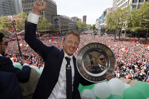 (L-R) Dirk Kuyt of Feyenoord with tropheeduring Feyenoord Rotterdam honored Eredivisie champions at the Coolsingel on May 15, 2017 in Rotterdam, The Netherlands(Photo by VI Images via Getty Images)