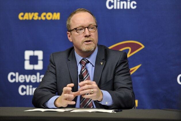 INDEPENDENCE, OH - JANUARY 22:  Cleveland Cavaliers General Manager David Griffin meets with the press following the release of head coach David Blatt at The Cleveland Clinic Courts on January 22, 2016 in Independence, Ohio. NOTE TO USER: User expressly acknowledges and agrees that, by downloading and/or using this Photograph, user is consenting to the terms and conditions of the Getty Images License Agreement. Mandatory Copyright Notice: Copyright 2016 NBAE (Photo by David Liam Kyle/NBAE via Getty Images)