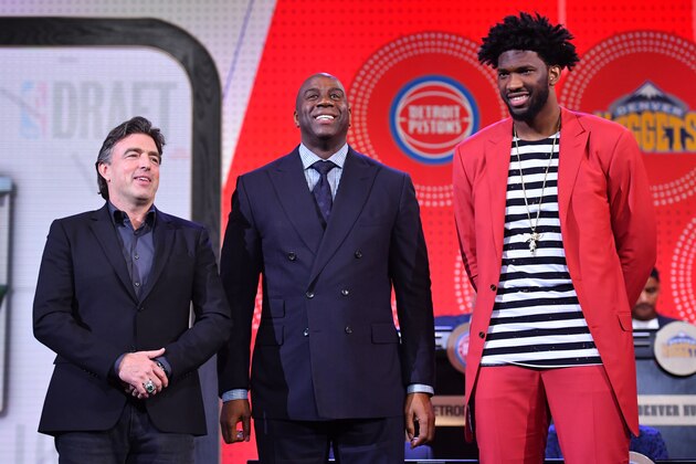 NEW YORK, NY - MAY 16:  Wyc Grousbeck of the Boston Celtics, Magic Johnson of the Los Angeles Lakers and Joel Embiid #21 of the Philadelhpia 76ers stand on stage during the 2017 NBA Draft Lottery at the New York Hilton in New York, New York. NOTE TO USER: User expressly acknowledges and agrees that, by downloading and or using this Photograph, user is consenting to the terms and conditions of the Getty Images License Agreement.  Mandatory Copyright Notice: Copyright 2017 NBAE (Photo by Jesse D. Garrabrant/NBAE via Getty Images)