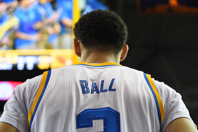Feb 12, 2017; Los Angeles, CA, USA; UCLA Bruins guard Lonzo Ball (2) looks on during a time out in the second half of the game against the Oregon State Beavers at Pauley Pavilion. UCLA won 78-60. Mandatory Credit: Jayne Kamin-Oncea-USA TODAY Sports