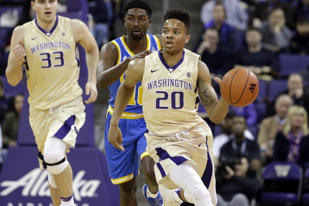 Washington's Markelle Fultz (20) drives up court against UCLA in an NCAA college basketball game Saturday, Feb. 4, 2017, in Seattle. (AP Photo/Elaine Thompson)