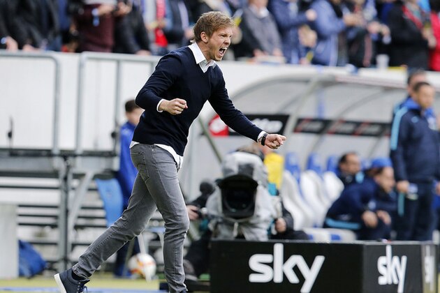 Hoffenheim head coach Julian Nagelsmann reacts after a German first division Bundesliga match between TSG 1899 Hoffenheim and Hertha BSC Berlin in Sinsheim, Germany, Saturday, April 16, 2016. (AP Photo/Michael Probst)