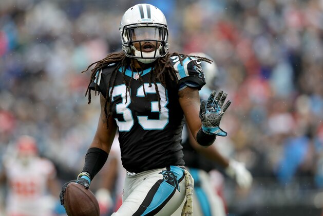 CHARLOTTE, NC - NOVEMBER 13:  Tre Boston #33 of the Carolina Panthers reacts after his 1st quarter interception against the Kansas City Chiefs during their game at Bank of America Stadium on November 13, 2016 in Charlotte, North Carolina.  (Photo by Streeter Lecka/Getty Images)