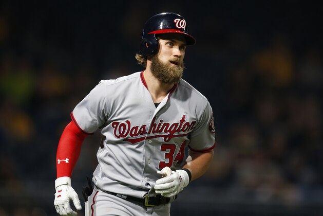 PITTSBURGH, PA - MAY 16:  Bryce Harper #34 of the Washington Nationals in action against the Pittsburgh Pirates at PNC Park on MAY 16, 2017 in Pittsburgh, Pennsylvania.  (Photo by Justin K. Aller/Getty Images)