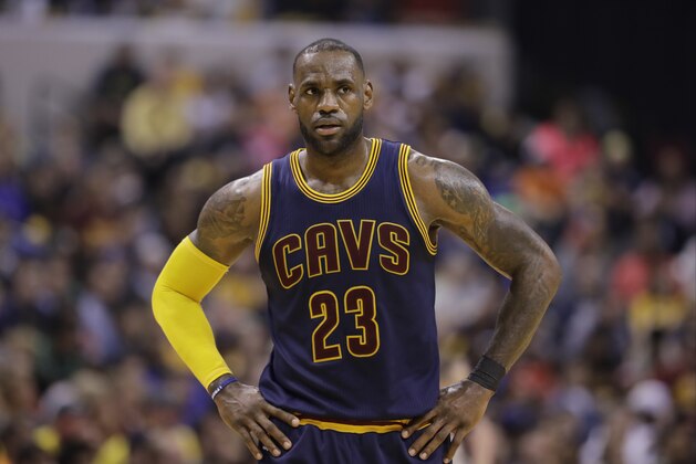 Cleveland Cavaliers' LeBron James in action during the second half in Game 4 of a first-round NBA basketball playoff series against the Indiana Pacers, Sunday, April 23, 2017, in Indianapolis. Cleveland defeated Indiana 106-102 and won the series 4-0. (AP Photo/Darron Cummings)