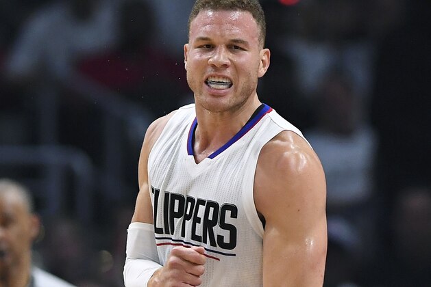 Los Angeles Clippers forward Blake Griffin reacts after scoring during the first half in Game 1 of an NBA basketball first-round playoff series against the Utah Jazz, Saturday, April 15, 2017, in Los Angeles. (AP Photo/Mark J. Terrill)