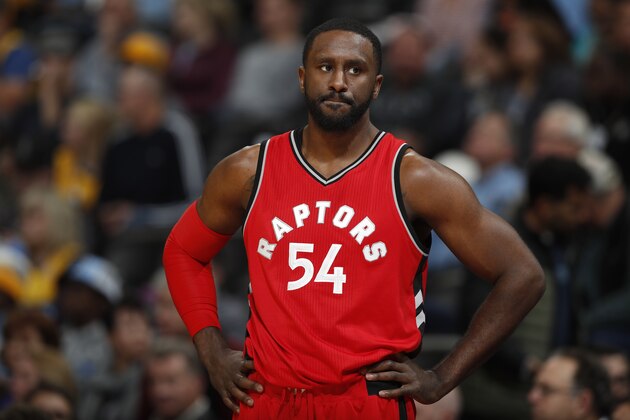 Toronto Raptors forward Patrick Patterson (54) in the second half of an NBA basketball game Friday, Nov. 18, 2016, in Denver. The Raptors won 113-111 in overtime. (AP Photo/David Zalubowski)