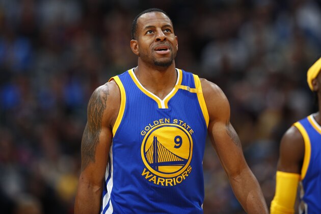 Golden State Warriors forward Andre Iguodala (9) in the second half of an NBA basketball game Monday, Feb. 13, 201, in Denver. The Nuggets won 132-110. (AP Photo/David Zalubowski)