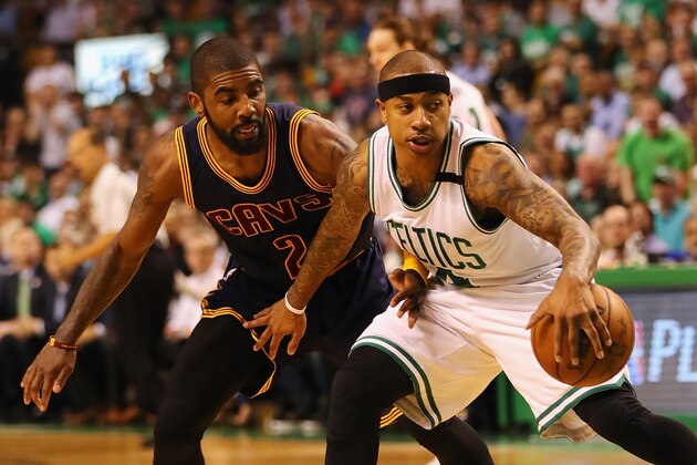 BOSTON, MA - MAY 17:  Isaiah Thomas #4 of the Boston Celtics handles the ball against Kyrie Irving #2 of the Cleveland Cavaliers in the first half during Game One of the 2017 NBA Eastern Conference Finals at TD Garden on May 17, 2017 in Boston, Massachusetts. NOTE TO USER: User expressly acknowledges and agrees that, by downloading and or using this photograph, User is consenting to the terms and conditions of the Getty Images License Agreement.  (Photo by Elsa/Getty Images)
