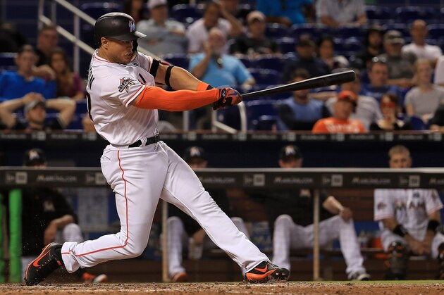 MIAMI, FL - MAY 17:  Giancarlo Stanton #27 of the Miami Marlins hits during a game against the Houston Astros at Marlins Park on May 17, 2017 in Miami, Florida.  (Photo by Mike Ehrmann/Getty Images)